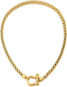 Mens Women Stainless Steel Wheat Chain Necklace With Horseshoe Shackle Clasp, Nautical Anchor Buckle Closure, Statement Jewelry