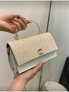 Mini Two Tone Flip Straw Bag Metal Decoration Women's Summer Straw Beach Bag Vacation Must Have Perfect Match Beach Accessories