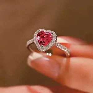 925 Sterling Silver Plated Pink Heart-Shaped Cubic Zirconia (CZ) Romantic Simple & Elegant Wedding Ring for Women