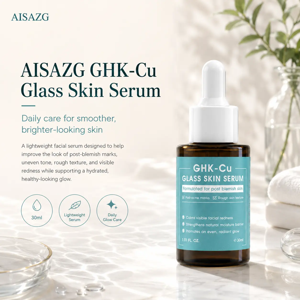 AISAZG GHK-Cu Copper Peptide Glass Skin Serum 30ml, For Post-Acne Marks Redness Uneven Tone, Niacinamide Centella Hydrating Facial Serum Repair Skin Barrier