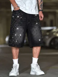 Men's Firework Star Water Drill Vintage Distressed Denim Shorts with Rhinestones, Y2K Street Style Five-Point Shorts for Nightclub Parties Music Festivals Casual All Seasons