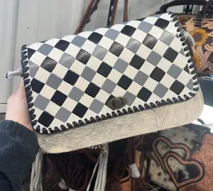 Genuine hand painted leather and cowhide grey & black check structured crossbody bag