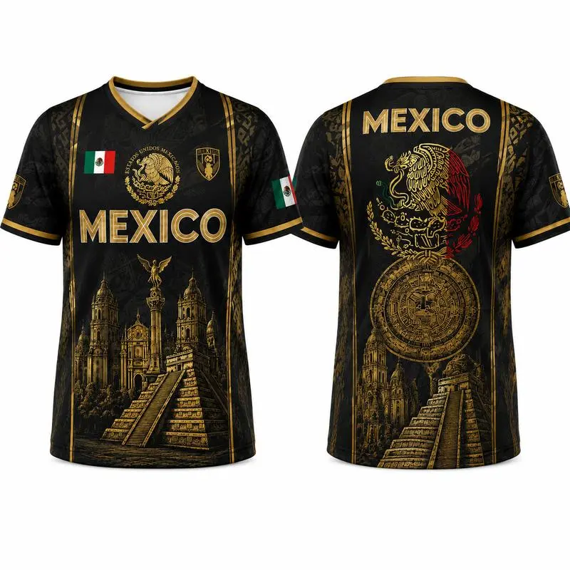 2026 Mexican Soccer Jersey for Men - Black Gold Aztec Eagle Chichén Itzá Pyramid V-Neck Retro All-Over Print Sports Top, Mexico Jersey for Sports & Outdoor Activities