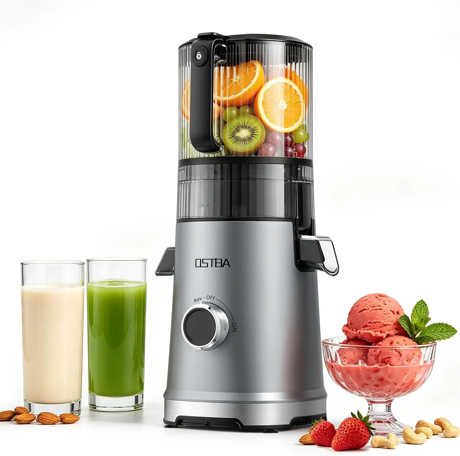 3-in-1 Cold Press Juicer, OSTBA 600W Slow Masticating Juicer with 6" Extra Large Feed Chute for Whole Fruits & Vegetables, Juicer, Nut Milk Maker & Sorbet Machine, Easy to Clean