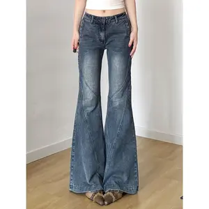 American Basic Washed Micro-Flare Jeans with a low waist,, and a stylish split line for a trendy look.