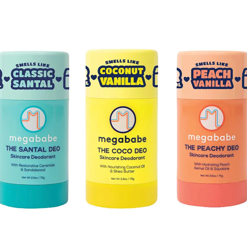 Megababe Scent-sational Deo Trio - 3 Scented Body Care Cosmetic Deodorants with 72-Hour Odor Protection, Coconut Aroma, Santal & Peachy Varieties