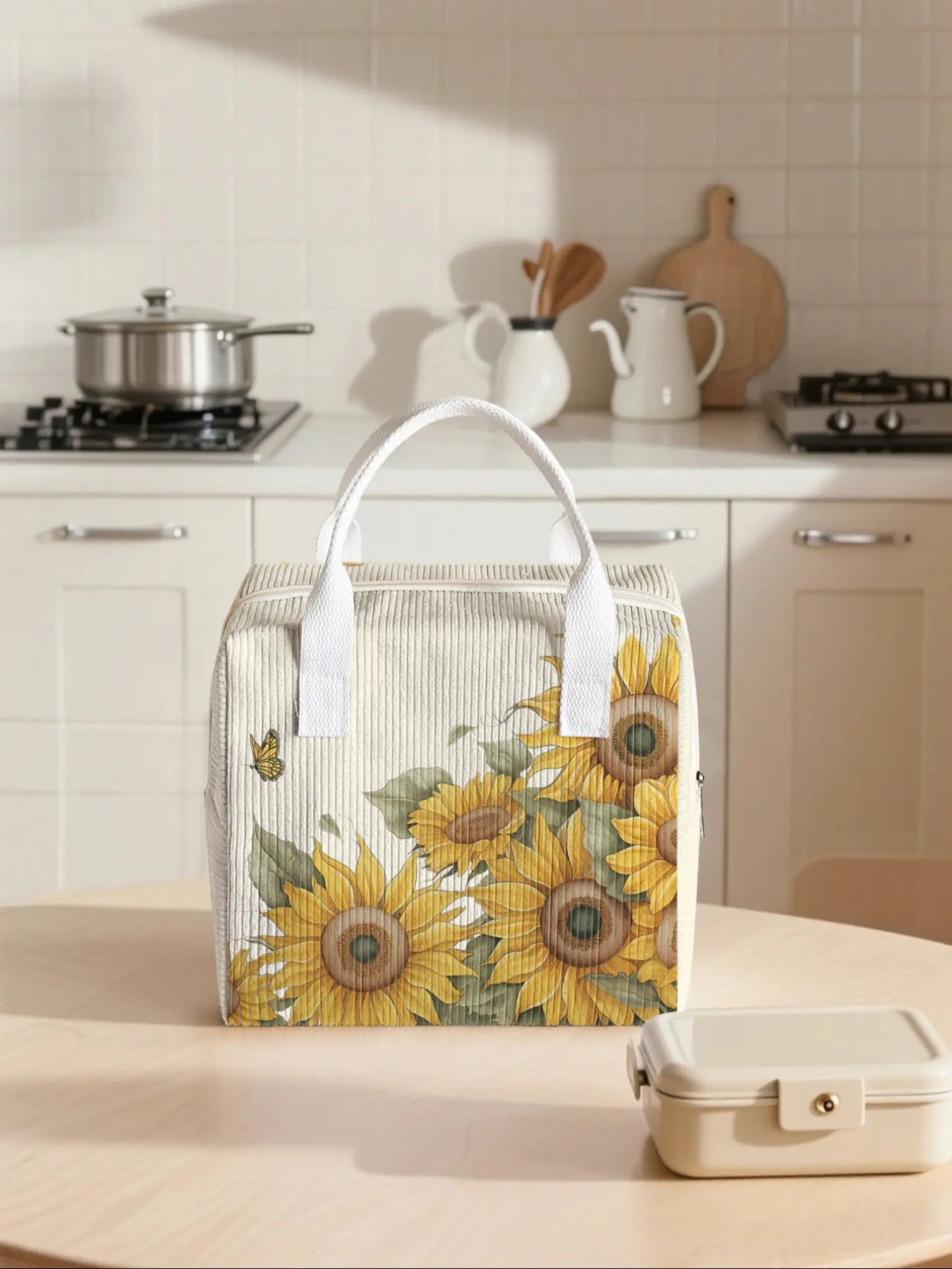 Sunflower Pattern Tote Lunch Box Bag, Portable Insulated Handbag, Non-Contact, Suitable for Work, School, Picnic, Travel, All Seasons