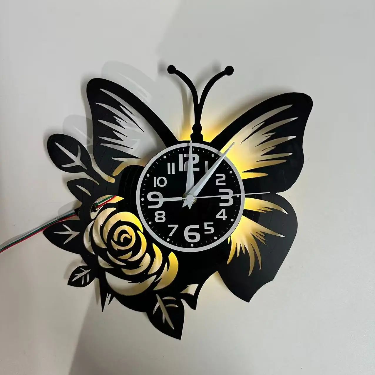 LED Colorful Retro Butterfly Rose Vinyl Wall Clock, Seven-Color Glow, Silent Operation, Remote Control, Ideal for Bedroom, Living Room, Coffee Shop