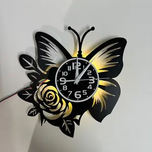 LED Colorful Retro Butterfly Rose Vinyl Wall Clock, Seven-Color Glow, Silent Operation, Remote Control, Ideal for Bedroom, Living Room, Coffee Shop