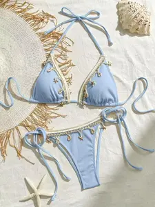 Women's Plain Shell Decor Tie Back Bikini Set, Casual Fashion Chic Swimsuit Set for Beach Holiday Vacation, Ladies Swimwear for All Seasons