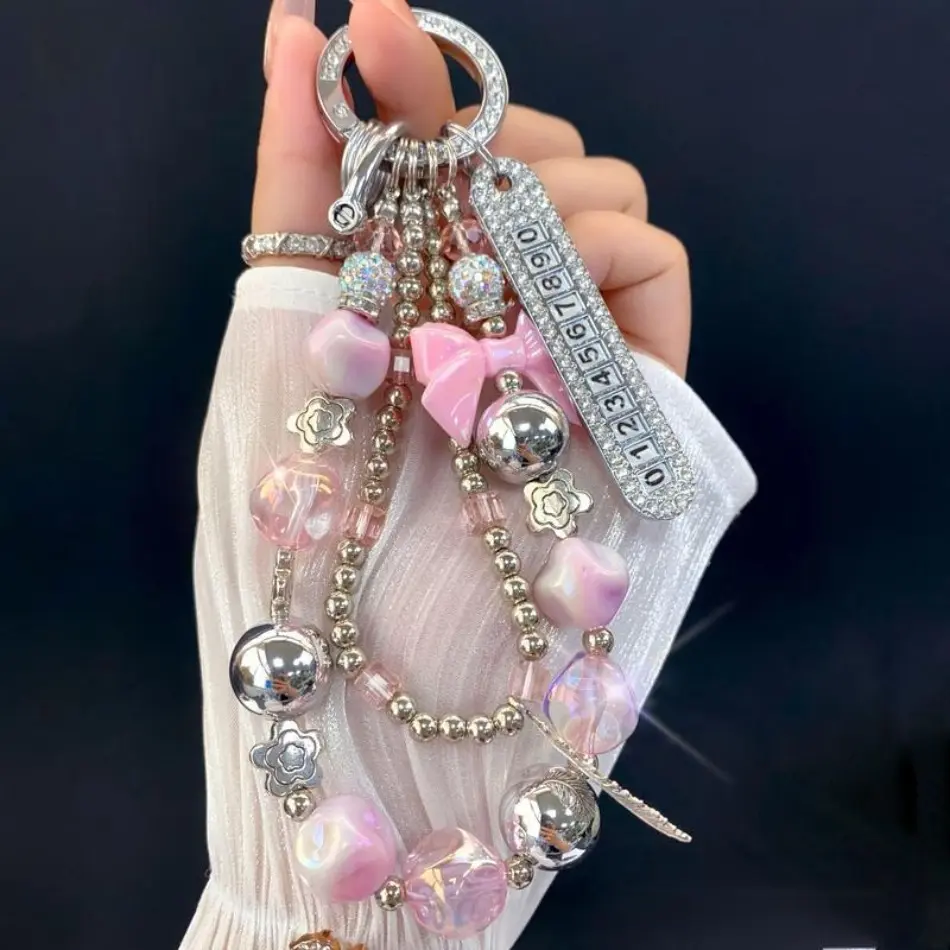 2026 New Luxury Beaded Wristlet - Rhinestone Butterfly Cellphone Charm Accessory, White Design Mobile Phone Case Decoration with Number Plate, Keychain for Leisure Outdoor Use, New Year Gift Accessories