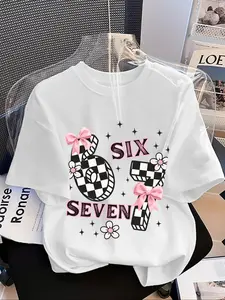 Girls' Fashion Chessboard Pattern T-Shirt, Graphic Printed Tee, Bowknot & Small Flower Print, Colorblock Design, Casual Comfort, Outdoor Wear, Street Style