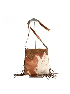 Western Cowhide Crossbody Bag with Fringe, Floral Tooled Leather Shoulder Purse, Adjustable Strap Cowgirl Bag for Everyday Use