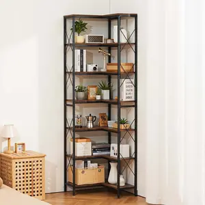 VEVOR 7 Tier Corner Bookshelf, 79 Tall Corner Bookcase with Heavy Duty Metal Frame Wooden Shelves, Industrial Reversible L Shaped Corner Display Shelf for Bedroom, Living Room, Office