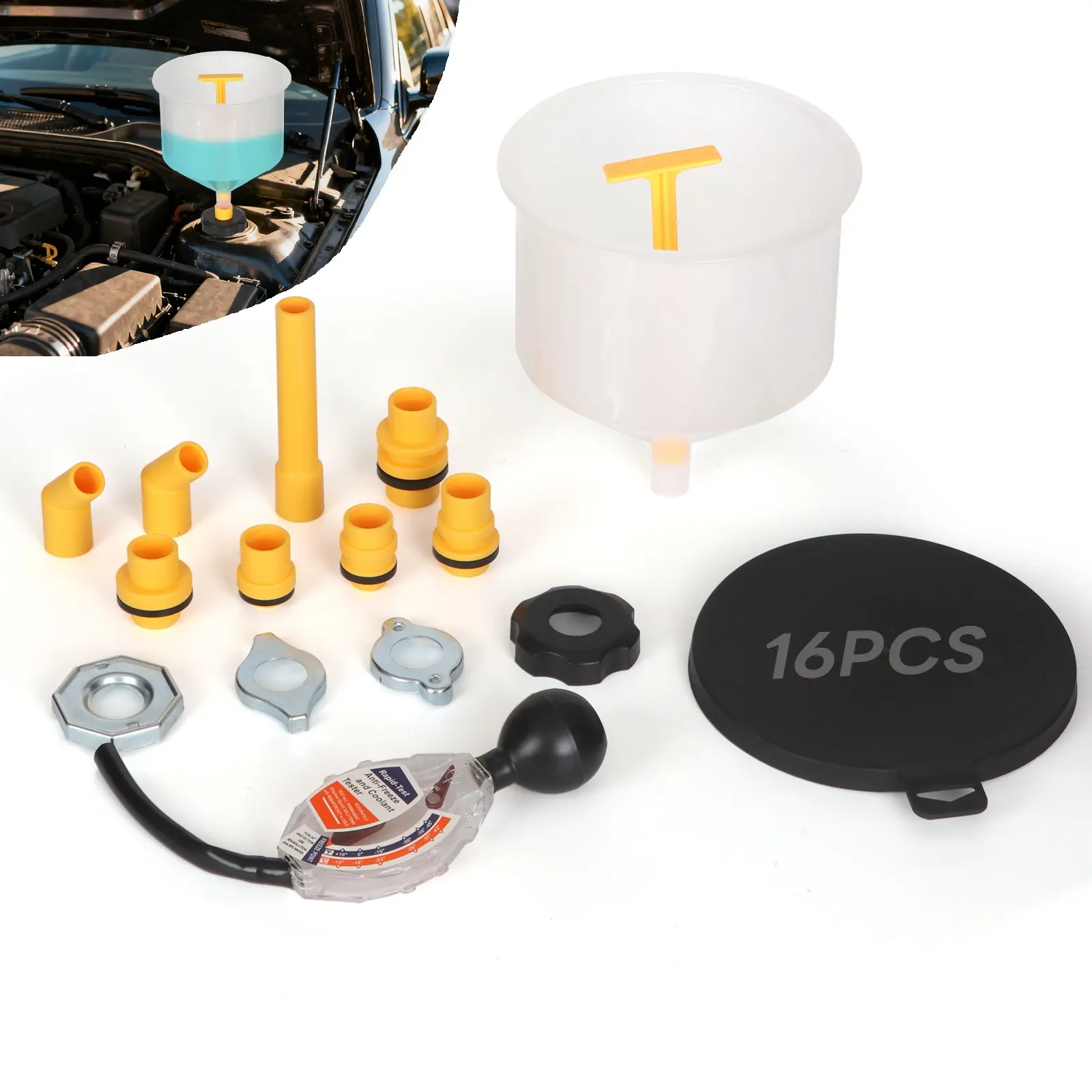 16 Piece Spill Free Coolant Funnel Kit With Antifreeze Tester—No-Mess Radiator Bleeding & Refill Set—Universal Adapters for Ford, GM, Honda, and Toyota—Car Winterization Tool for Removing Air Pockets