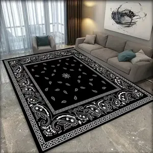 Large Vintage-Style Black Living Room Rug Velvet Cashew Flower Print Area Rug Soft and Comfortable, Slip-Resistant and Wear-Resistant Machine Washable Suitable for Bedrooms, Living Rooms, Dorms, Cottages, Dining Rooms, Entryway Mats, Home Decor Rugs