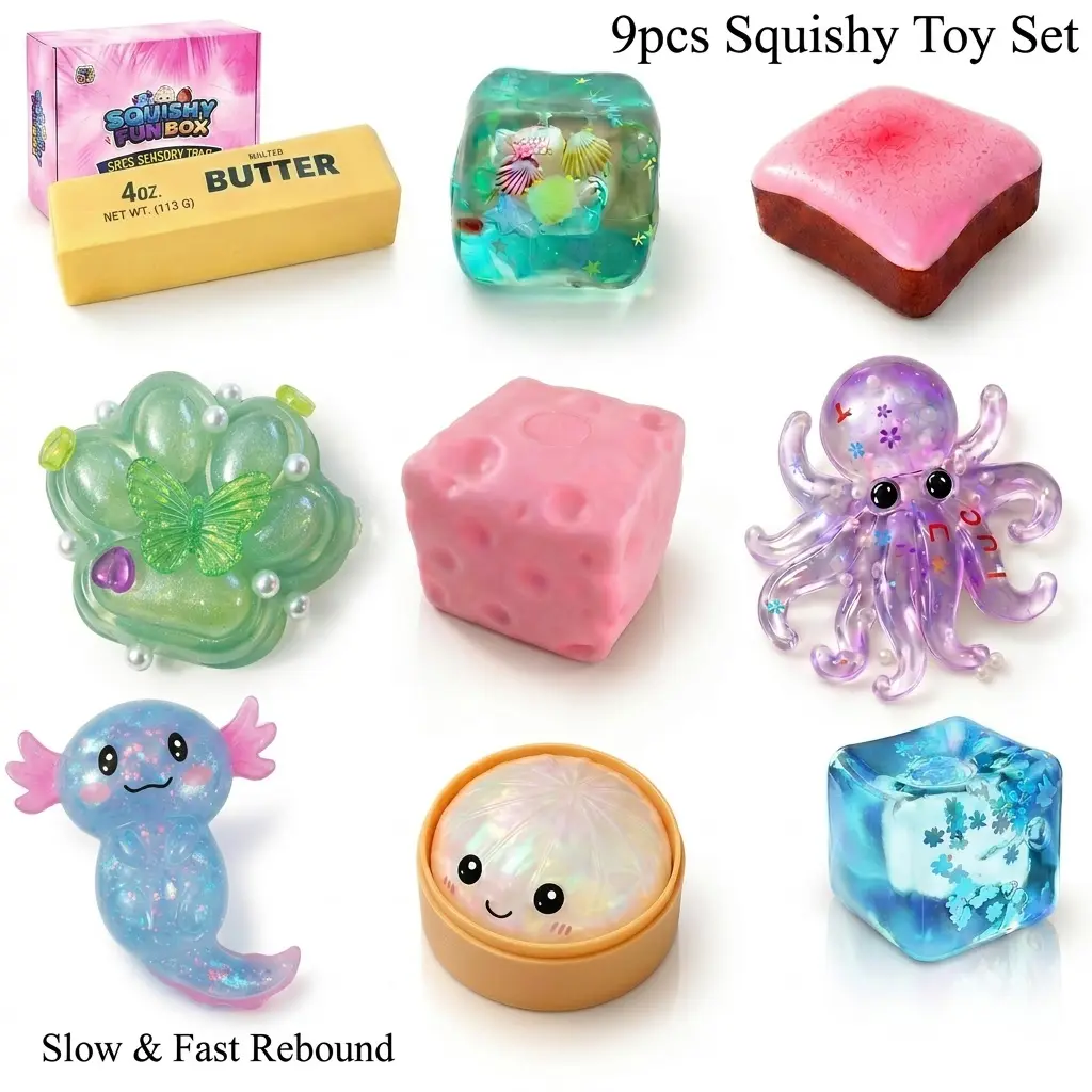 STB01 9-Pack Soft Squishy Toys,Trendy Squeeze Sensory Fidget Toys with Different Texture, 9 Unique Design Squishy Toy Set Suitable for All Ages, Slow & Fast Rebound Silicone Toys,stress relief toy, Perfect Gifts for Teacher's Day, Birthdays,Parties