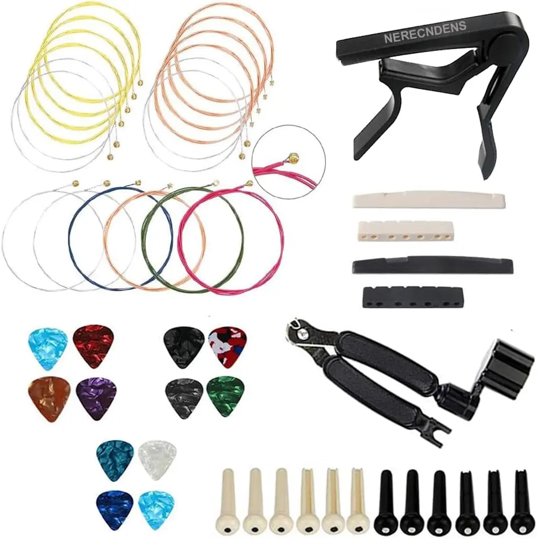 48PCS Acoustic Guitar Accessories Kit, Including Strings, Picks, Capo, String Winder, Bridge Pins