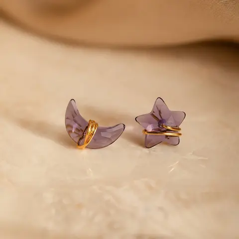 Amethyst Moon & Star Studs by Caitlyn Minimalist - Mismatched Purple Quartz Stud Earrings - Celestial Jewelry - Baby Shower Gift