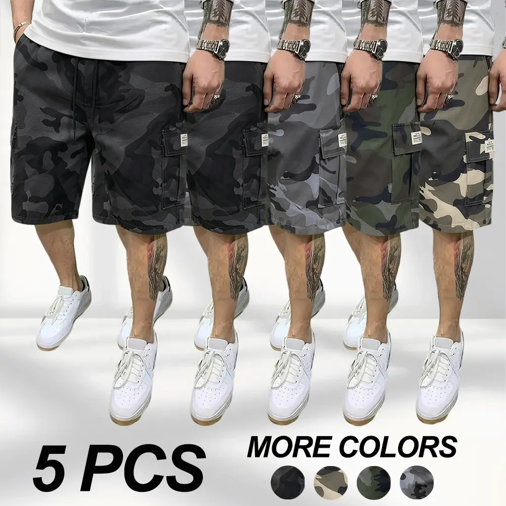 Pack of 5 + Pack of 3 Men’s Summer Comfortable Breathable Camouflage Cargo Shorts, Loose Straight Fit with Drawstring Elastic Waist and Multiple Pockets, Pocket Label Design Adds a Stylish Touch, Suitable for Daily Commuting, Casual Wear, Street Style