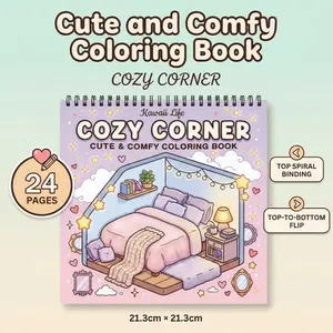 Kawaii Coloring Book - Cozy Corner, 24 Pages of High-Quality, Opaque Super-Sensitive Paper - Stress Relief & Relaxation with Clear Lines and Vibrant Illustrations - Activity for Beginners and Enthusiasts - Perfect Gift for Kids, Teens, Adults & Elderly