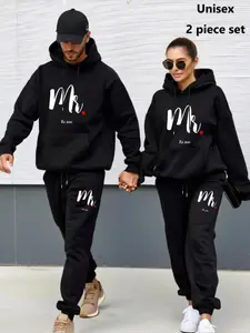 Couple Letter Print Hoodies & Sweatpants Set, Casual Long Sleeve Hoodie & Jogger Pants, Sporty Clothes for Fall & Winter, Couples Set