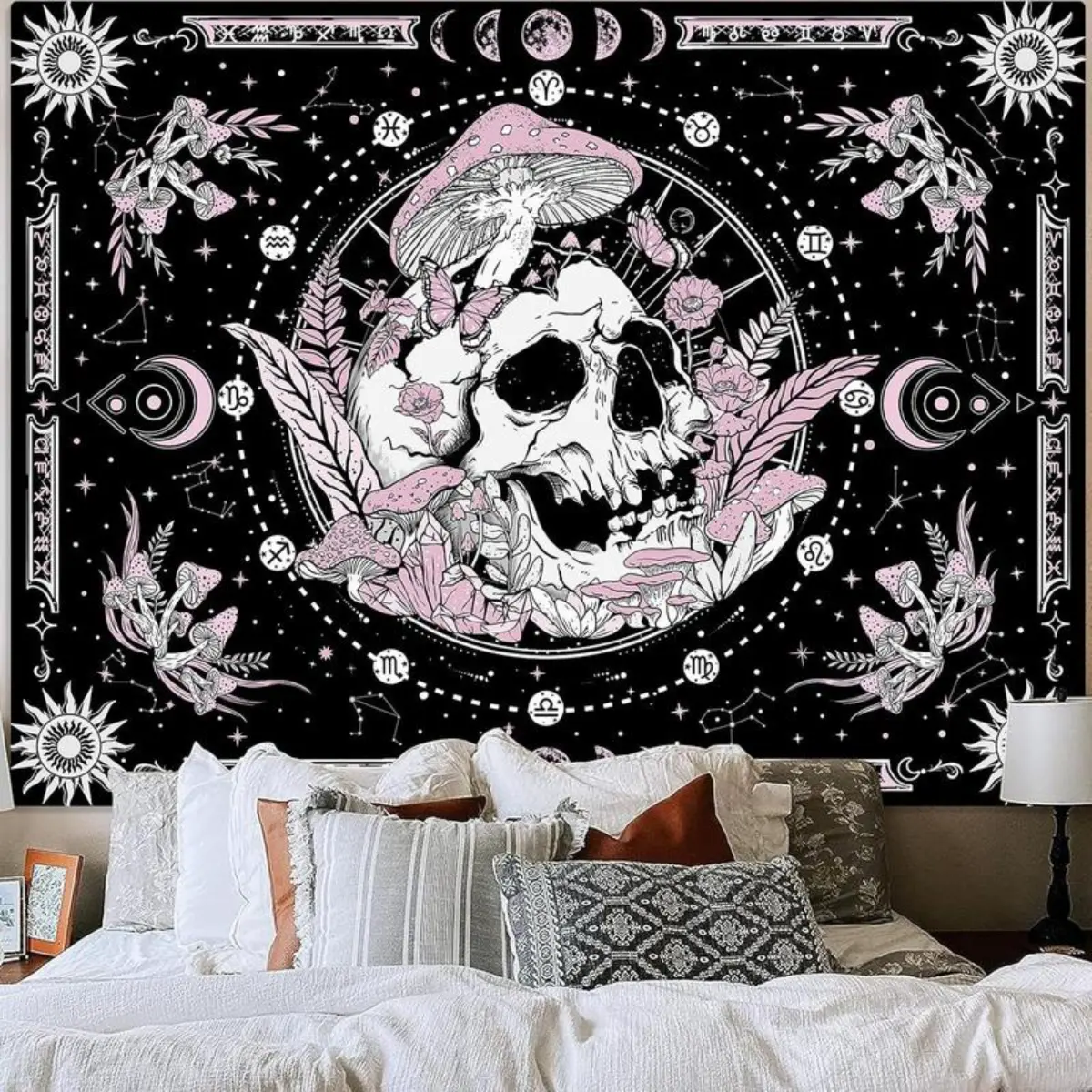 Purple Skeleton Tapestry Bedroom Skull Mushroom Tapestries Hippie Nature Plants Floral Flower Aesthetic Tapestry Wall Hanging for Living Room Dorm  father's day gifts,gifts boyfriend,gifts for girl adults,gifts under 100 dollars,cheap stuff for your
