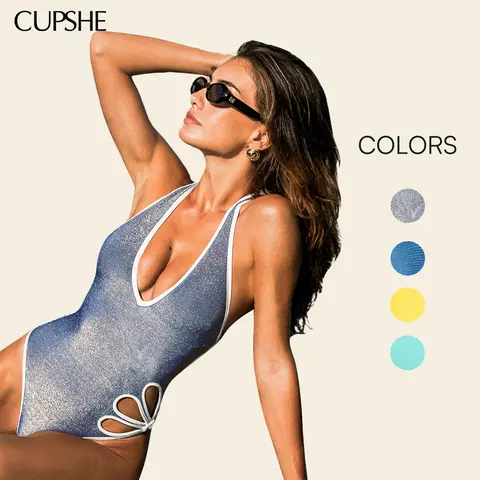 CUPSHE Women's Shimmering Blue Deep V OnePiece Monokini Bathing Suit, Petal Cutouts, Bust Support, Metallic Glow, Cheeky Fit, 2026 Summer Beach Sports Swimwear
