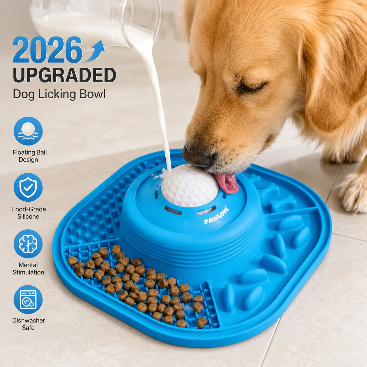 【2026 Upgraded】PAWLOVE Slow Feeder Dog Bowl for Liquid Treats with Floating Rolling Ball, Anti-Slip Dog Lick Bowl, Bone Broth and Yogurt Pup for Large Medium Small Breeds Dietary Supplement/Post-op Nutrition  stuff dogaccessories great  pet  supplies