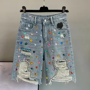 Colorful Diamond Studded Nail Bead Ripped Jeans Blue High Waisted Loose Shorts Shiny Fashionable Versatile Casual Trousers Pants Womenswear