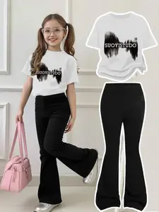 Girls' Trendy Suoyistudo Bell Bottoms Set, Round Neck Short Sleeve & Bell Pants, Casual Fitted Style, All Seasons, Fashion Clothes Set