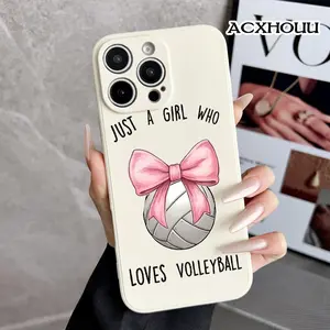 Case for iPhone 16 E Pro Max 15 Plus 14 13 12 11 XS XR Volleyball with Pink Bow Illustration TPU Silicone Rugged Durable Shockproof Protective Cover