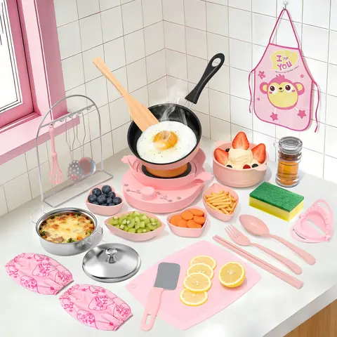 Gotoofun Unisex 28PCS Pretend Playset - Kids Cooking Set with 110V Mini Stove, Anti-Slip Safety Guard, Steamer, Apron, Pans Kit, Montessori Educational Indoor Play Kitchen & Food Toys, Gift for Ages 6-12 (Soho Chic Back to School)