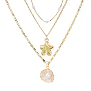 Charm Necklaces for Women,14k Gold Plated Waterproof Dainty Layered Choker  Necklace Summer Seashell Pearl Beach,Cute Necklaces Fashion Jewelry Gif