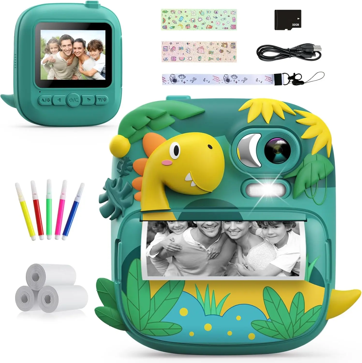 Kids Camera Instant Print, 2.4 Inch Screen Camera for Kids Dinosaur Children Digital Camera with 32GB Card & 3 Rolls Paper, Christmas Birthday Gift Toys for Boys Girls 3-12 Age (Green) Rechargeable Toddler