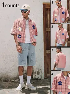 Men's Floral Embroidery Plaid Checked Short Sleeve Crop Shirt, Regular Fit Casual Fashion Comfy Breathable Gingham Trim Shirt for Summer, Men's Top for Daily Wear