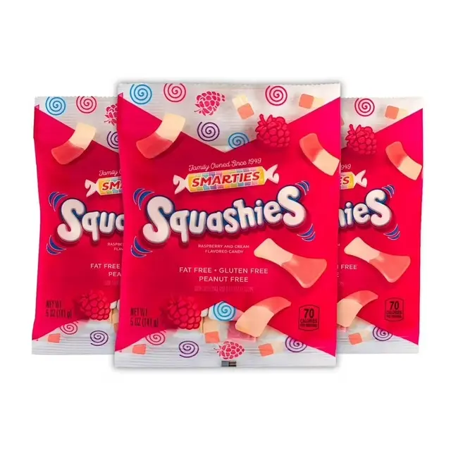 Smarties 3-Pack Raspberry Squashies Sweet Foam Soft Chewy Candy Snack, Gluten-Free, Peanut-Free, Gummy-Filled Marshmallow-Infused Confection, Resealable Bag Gummy Filled Snack