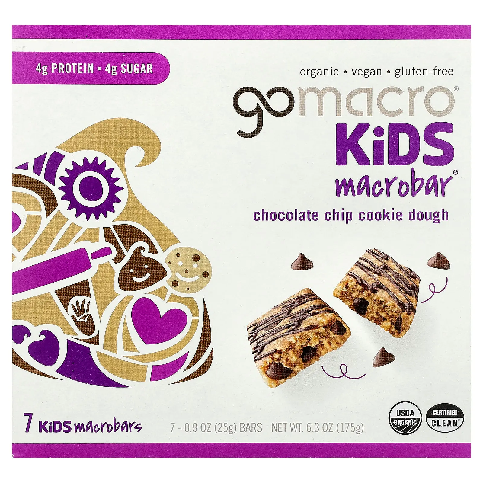 GoMacro Kids MacroBar®, Chocolate Chip Cookie Dough, 7 Bars, 0.9 oz (25 g) Each