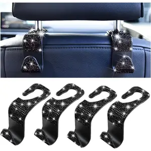 4 count Bling  Seat Headrest Hooks,  Rhinestone  Seat  Hanger for Grocery Purses Handbags,  Auto Seatback Storage Organizer Hanger, Universal for   (Black)