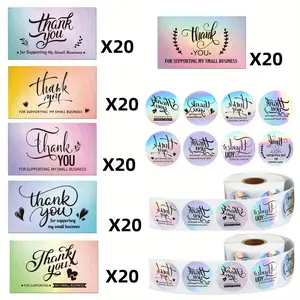 1120 Pcs Thank You Cards and Stickers Set, Include 120 Business Card 1000 Roll Labels Thank You for Supporting My Small Business Stickers Package Insert(Holographic Style)