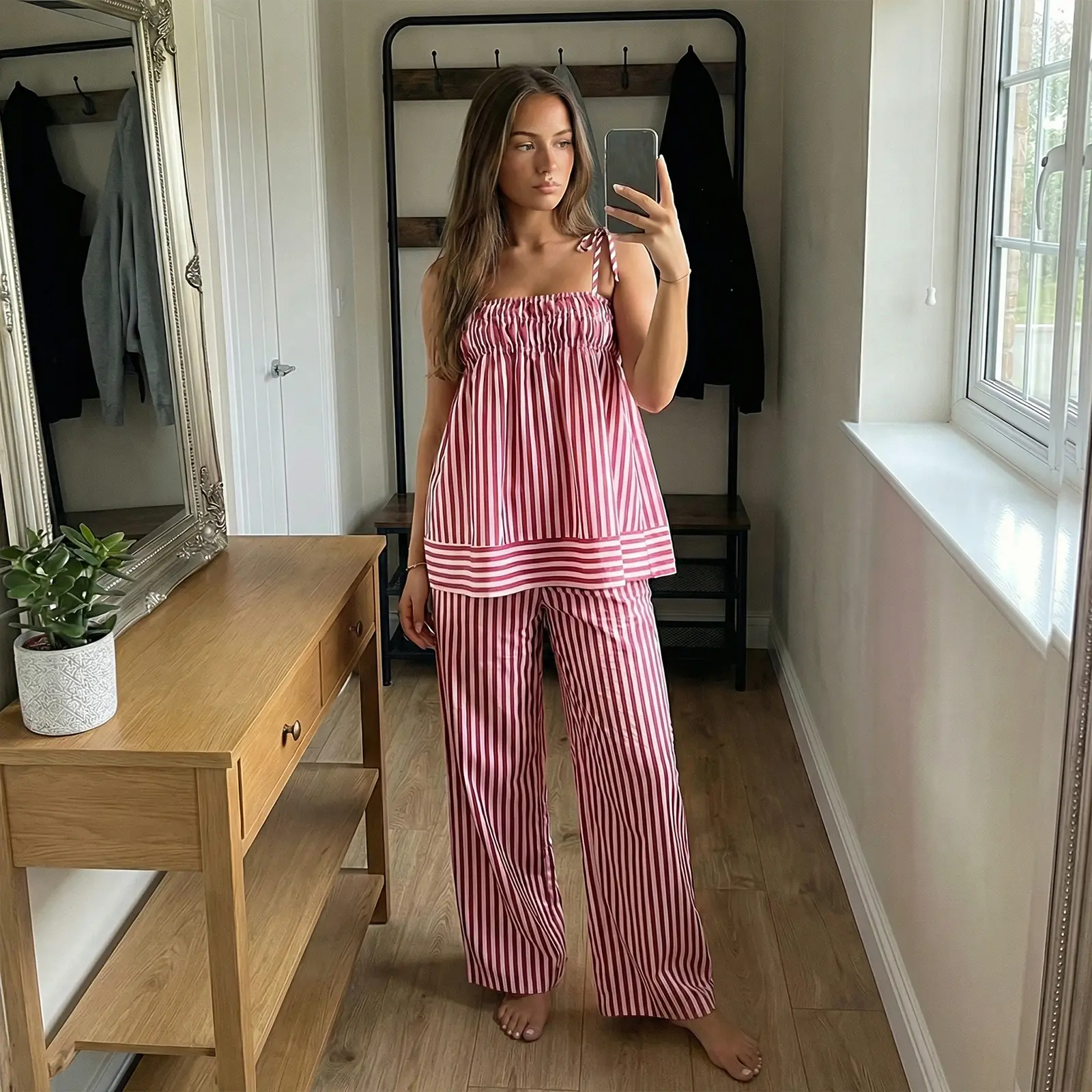 Women Summer Striped Pajamas Set Tie Shoulder Ruffle Tops and Straight Pants 2 Piece Casual Lounge Outfit