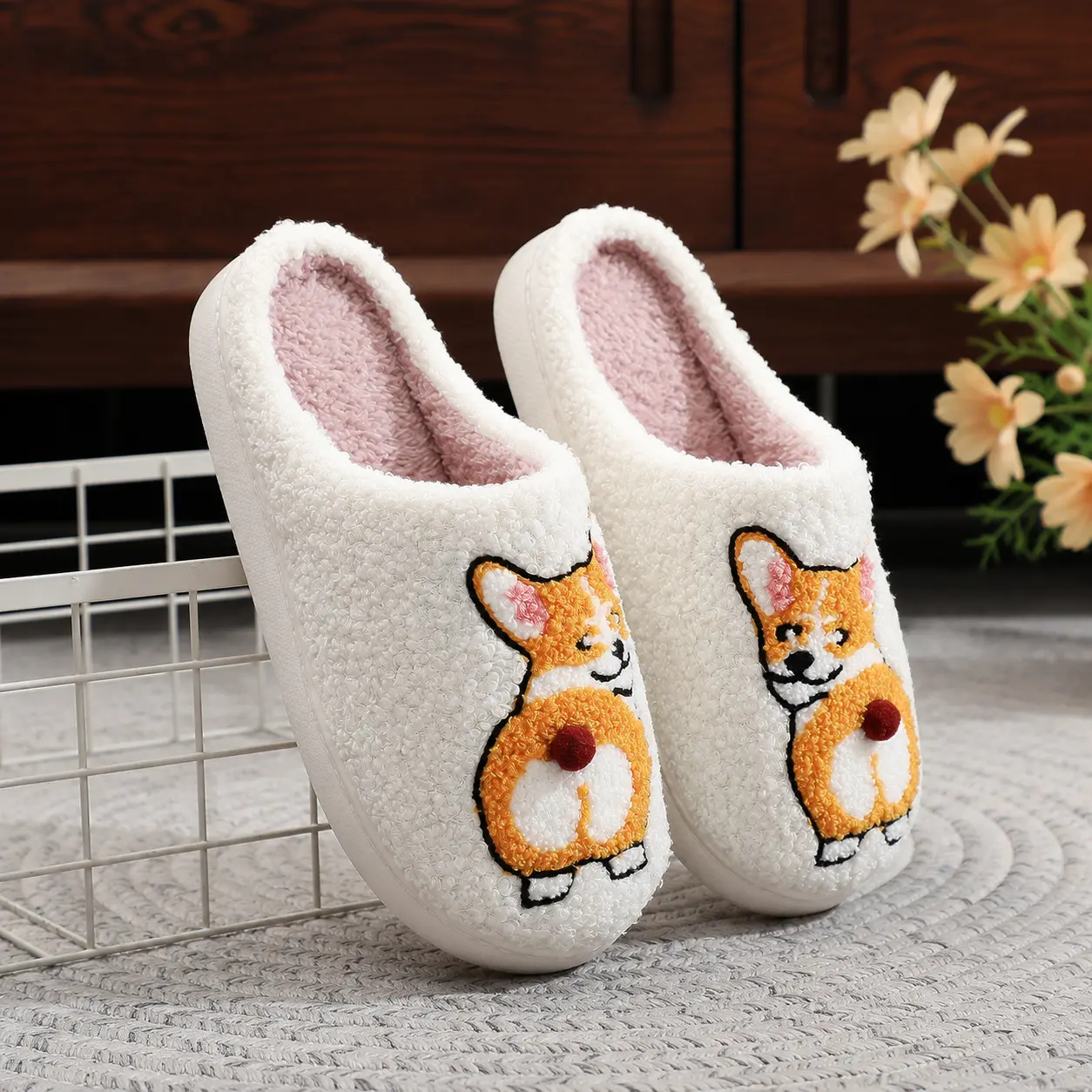 Funny Corgi Butt House Slippers for Pet Lovers, Unisex Slip On Ankle Booties with Plush Fleece Lining and Memory Foam, Warm Anti-Slip Soles, Perfect Gift, Animal Print, Cotton, Indoor Casual, Round Toe, Tpr