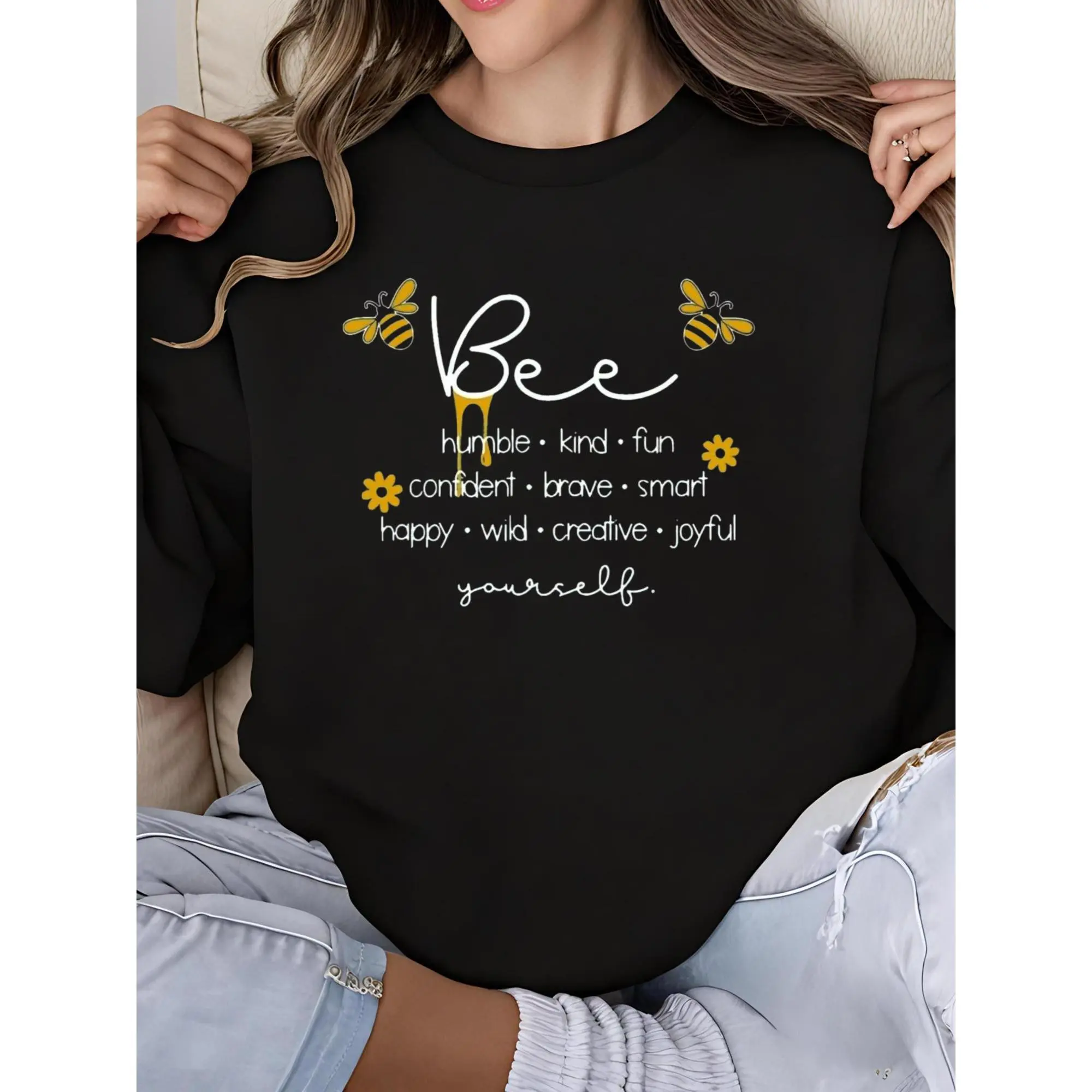 Women's Cute Bee Graphic Sweatshirt - Longsleeves Round Neck Tops, Funny Letter Print, Inspirational Casual Loose Fit, Hoodie, Cute Casual, Medium Length