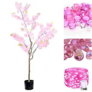4pc Artificial Cherry Blossom Tree Decor: 5FT Tall Handmade Lifelike Pink Fake Cherry Blossom Tree - Realistic Silk Faux Flower Sakura Tree for Party Wedding Christmas Indoor Outdoor Home Decor