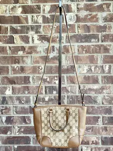 Pre-owned GUCCI Canvas/Leather Shoulder Bags Bree Convertible Tote GG Canvas with Leather Small Brown 73842