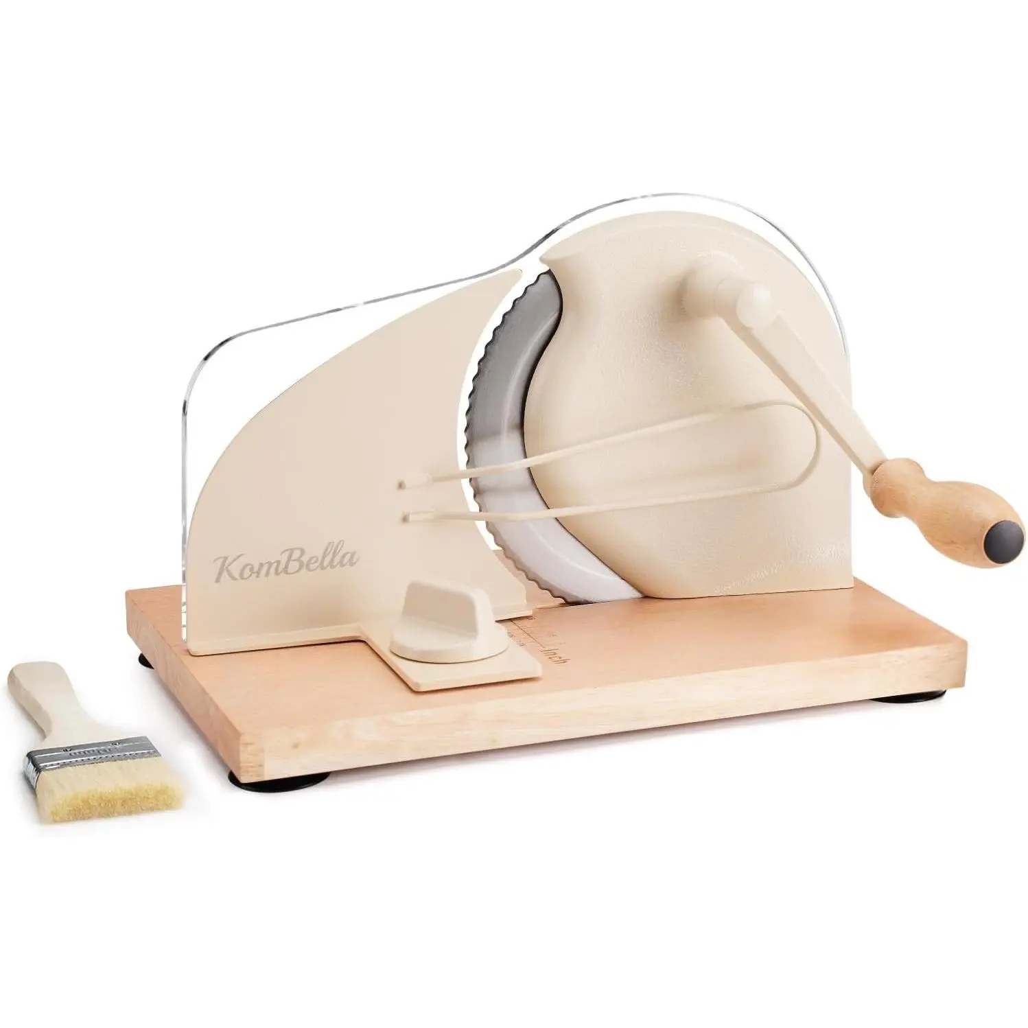 Sourdough Bread Slicer for Homemade Bread, Manual Hand Crank Bread Cutter with Adjustable Thickness for Even Slices, Slicing Guide & Protective Blade Shield, Wood Base with Suction Cups(Beige)