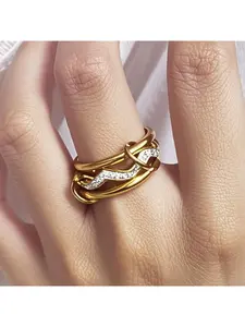 Stainless steel interlocking rings with full diamonds and wave-shaped three-ring design. New color combination and multi-element style.