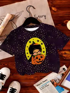 Girls' Fashion Monchichi Pumpkin Halloween T-Shirt, Cartoon Girl Print Summer Short Sleeve, Casual Loose-Fitting Top Without Collar