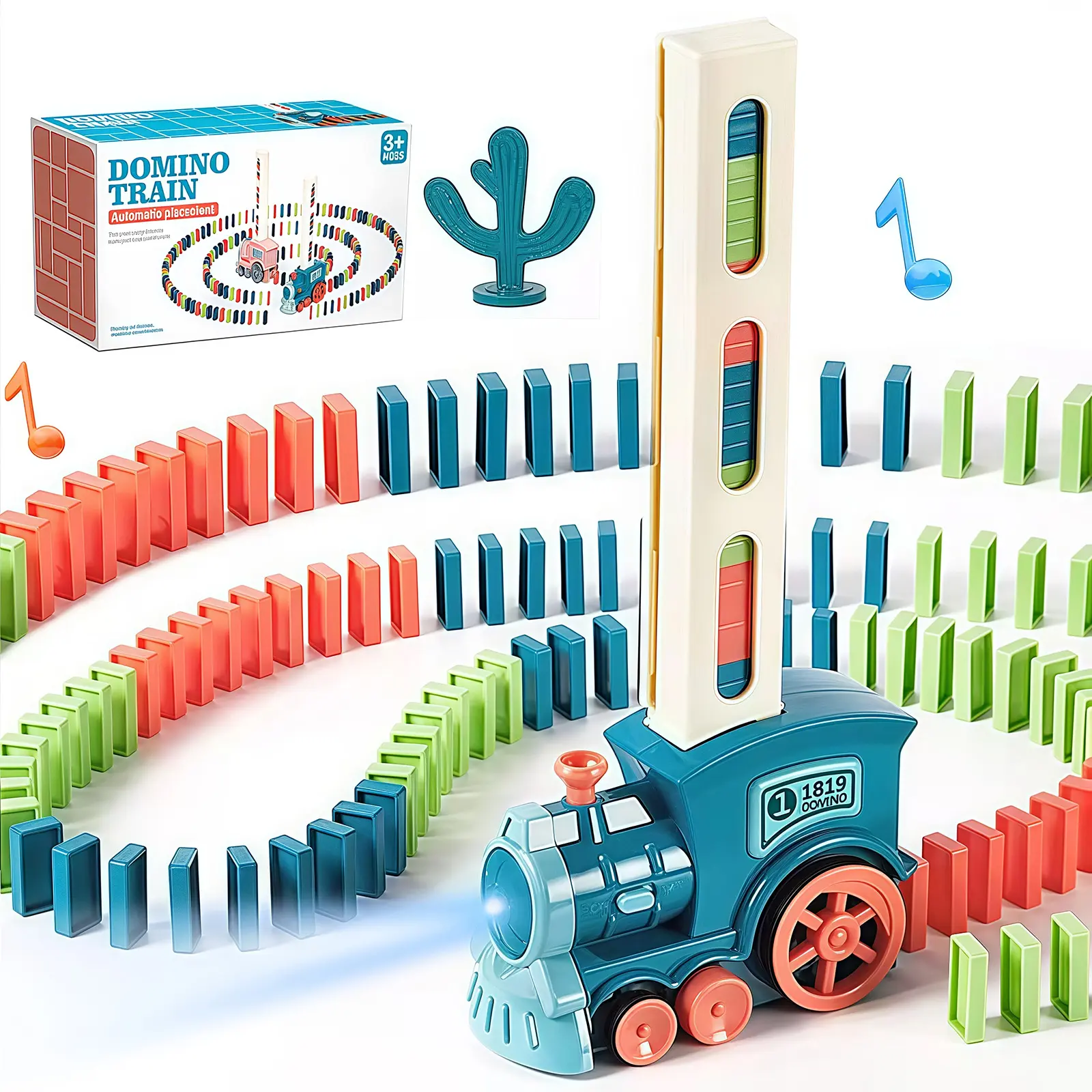 Puzzle Children's Automatic Placement and Issuance of Dominoes Electric Sound and Light Small Train Toys, Domino Automatic Train Toy Includes 60 Pieces of Domino Pieces