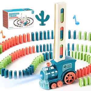 Puzzle Children's Automatic Placement and Issuance of Dominoes Electric Sound and Light Small Train Toys, Domino Automatic Train Toy Includes 60 Pieces of Domino Pieces